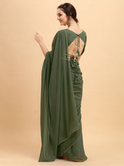 Sage Green Solid Saree with Embellished Belt - inddus-us