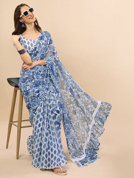 Sangria Blue White Floral Printed Saree - Inddus.com