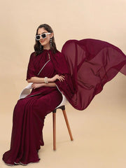 Sangria Burgundy Silk Blend Saree and Pleated Jacket - Inddus.com