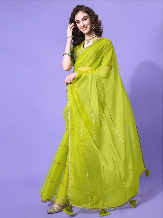 Sangria Green Solid Gotta Detailing Saree - Inddus.com