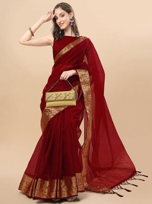 Sangria Maroon Gold-Toned Zari Woven Design Saree with Blouse Piece - Inddus.com