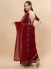 Sangria Maroon Woven Design Net Saree - Inddus.com