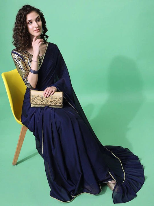 Sangria Navy Blue Gold-Toned Silk Blend Ruffle Saree - Inddus.com