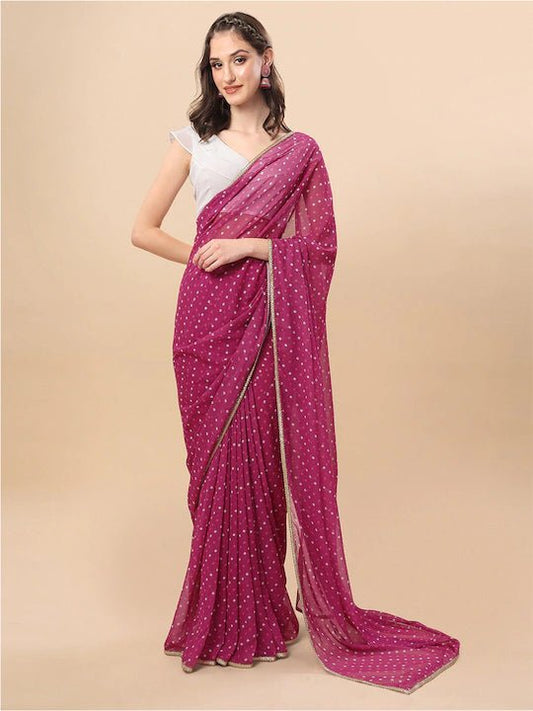 Sangria Pink White Bandhani Gotta Patti Saree - Inddus.com