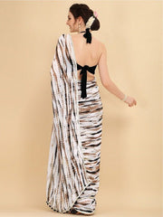 Sangria White Black Striped Tie and Dye Saree With Blouse Piece - Inddus.com