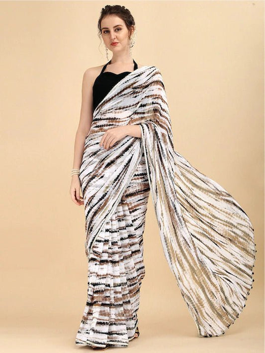 Sangria White Black Striped Tie and Dye Saree With Blouse Piece - Inddus.com