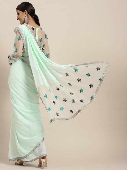Sea Green & Black Floral Embroidered Beads and Stones Saree