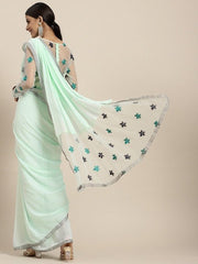 Sea Green & Black Floral Embroidered Beads and Stones Saree - Inddus.com