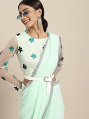Sea Green & Black Floral Embroidered Beads and Stones Saree