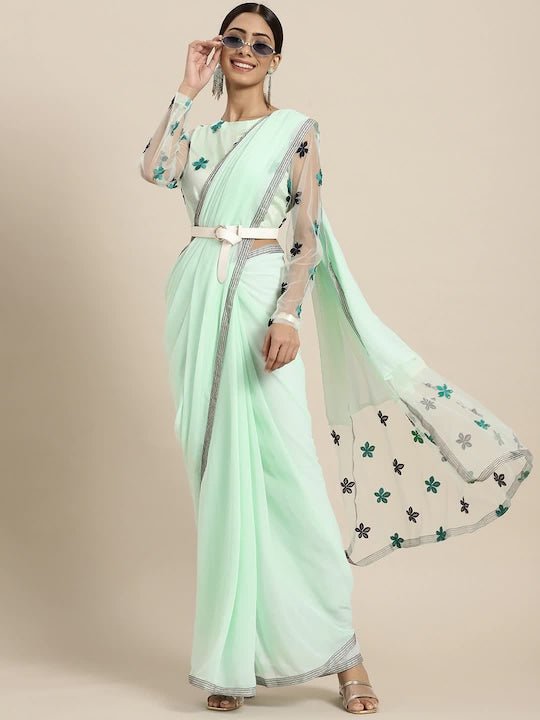 Sea Green & Black Floral Embroidered Beads and Stones Saree - Inddus.com