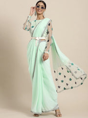 Sea Green & Black Floral Embroidered Beads and Stones Saree