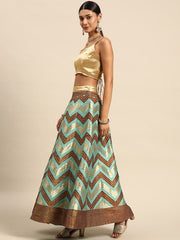 Sea Green & Brown Ready to Wear Lehenga & Unstitched Blouse With Dupatta - Inddus.com