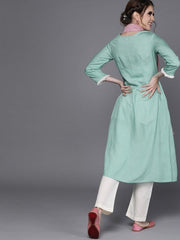 Sea Green Cotton Blend Solid Partywear Kurta Set - inddus-us