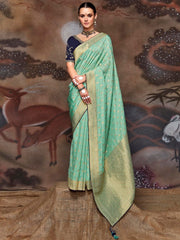 Sea Green Dola Silk Embroidery Saree - Inddus.com