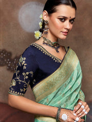 Sea Green Dola Silk Embroidery Saree - Inddus.com