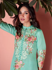 Sea Green Embroidered Festive-Wear Straight-Cut-Suit - Inddus.com