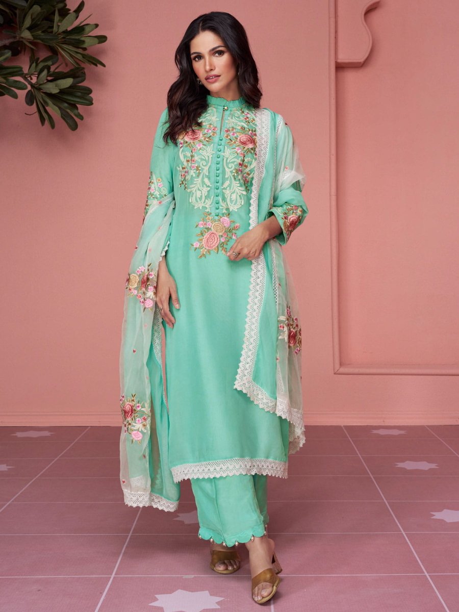 Sea Green Embroidered Festive-Wear Straight-Cut-Suit - Inddus.com