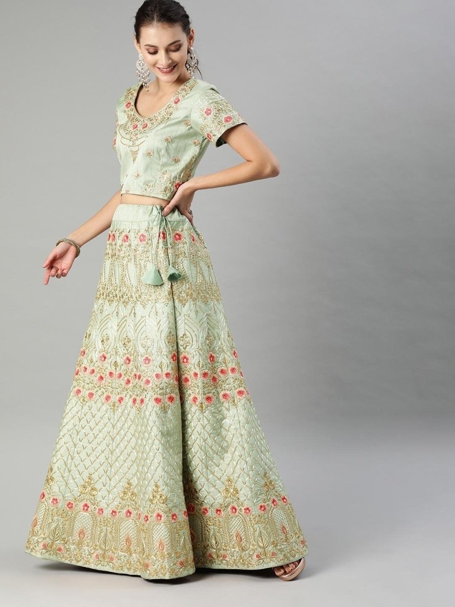 Sea Green Embroidered Partywear Lehenga Choli - inddus-us