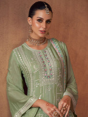 Sea Green Embroidered Partywear Palazzo Suit - Inddus.com