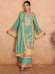 Sea Green Embroidered Partywear Palazzo-Suit - Inddus.com