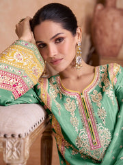 Sea Green Embroidered Partywear Palazzo-Suit - Inddus.com