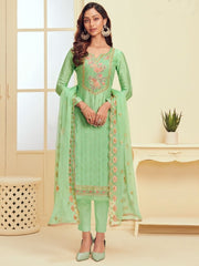 Sea Green Embroidered Partywear Straight Cut Suit - inddus-us