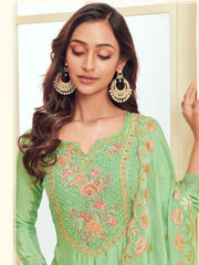 Sea Green Embroidered Partywear Straight Cut Suit - inddus-us