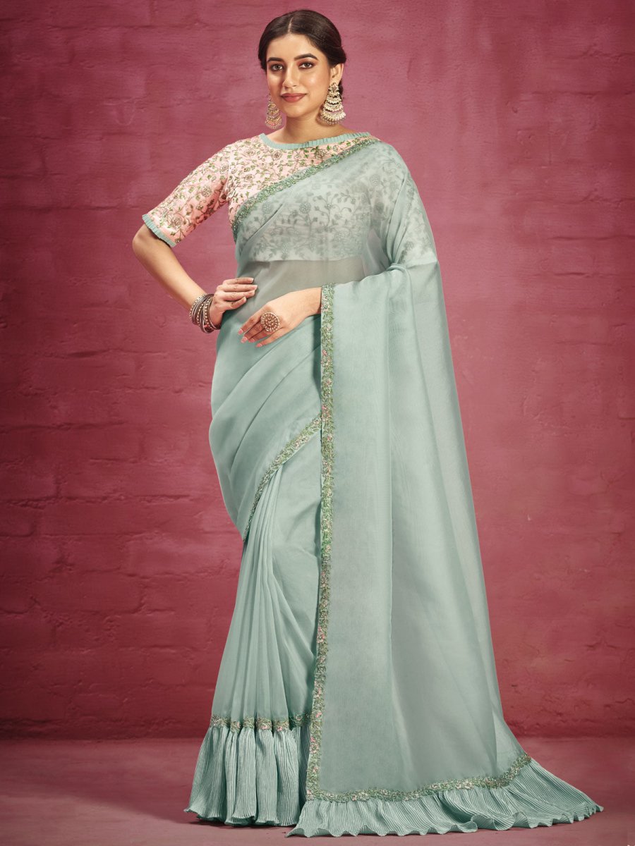 Sea Green Fancy Fabric Designer Saree - Inddus.com