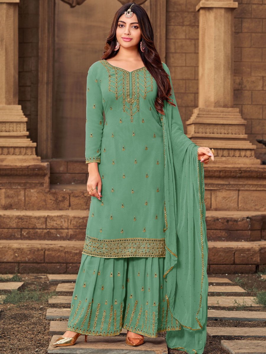 Sea Green Georgette Embroidered Partywear Palazzo Suit - Inddus.com
