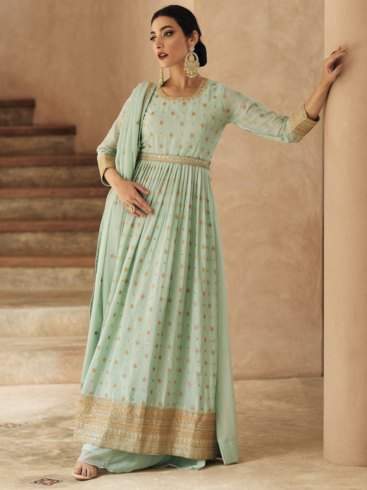 Sea Green Georgette Festive Wear Anarkali Suit - Inddus.com