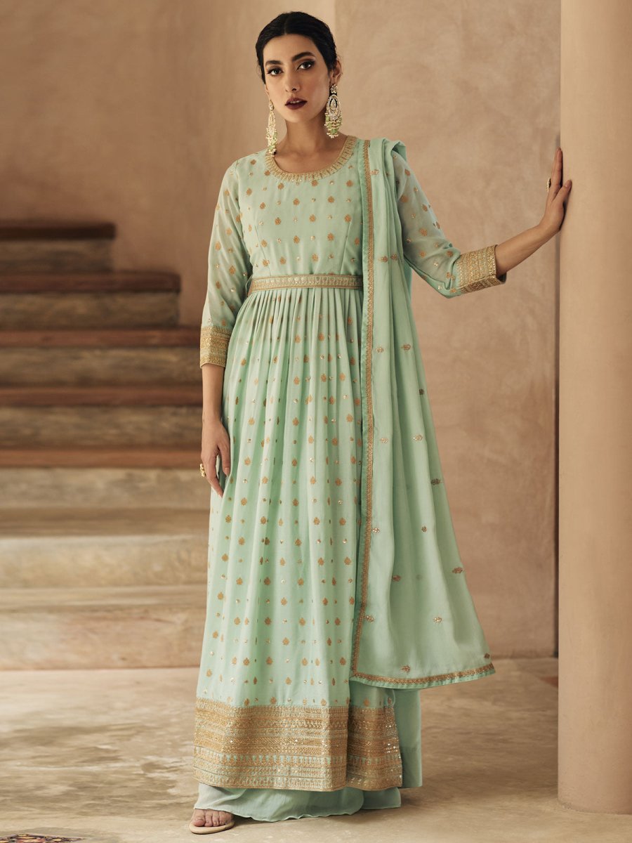 Sea Green Georgette Festive Wear Anarkali Suit - Inddus.com