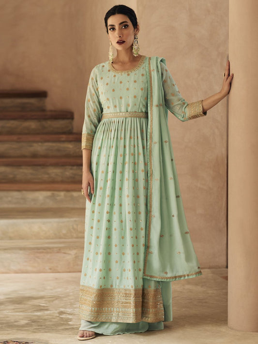 Sea Green Georgette Festive Wear Anarkali Suit - Inddus.com