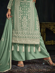 Sea Green Georgette Partywear Palazzo-Suit - Inddus.com