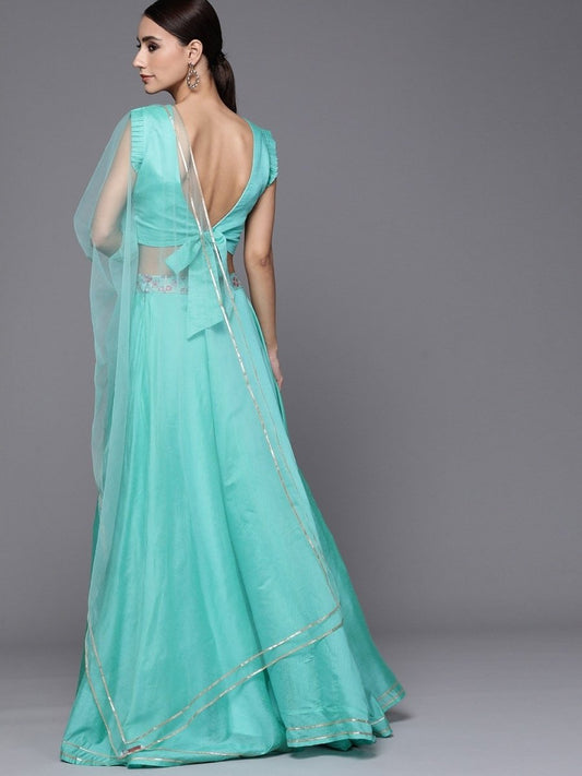 Sea Green Laced Semistitched Lehenga with Woven Blouse and Net Dupatta - inddus-us