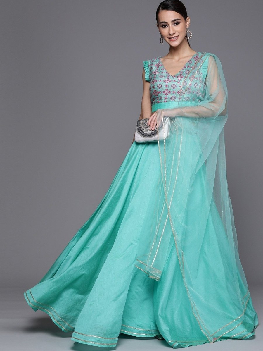 Sea Green Laced Semistitched Lehenga with Woven Blouse and Net Dupatta - inddus-us