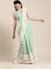 Sea Green Net Embroidered Party Wear Traditional Saree - inddus-us