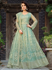 Sea Green Net Festive Wear Anarkali Suit - Inddus.com