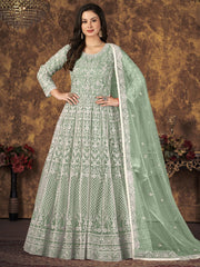 Sea Green Net Festive Wear Anarkali Suit - Inddus.com