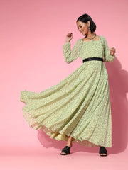 Sea Green Polka Printed Gown with Belt - Inddus.com