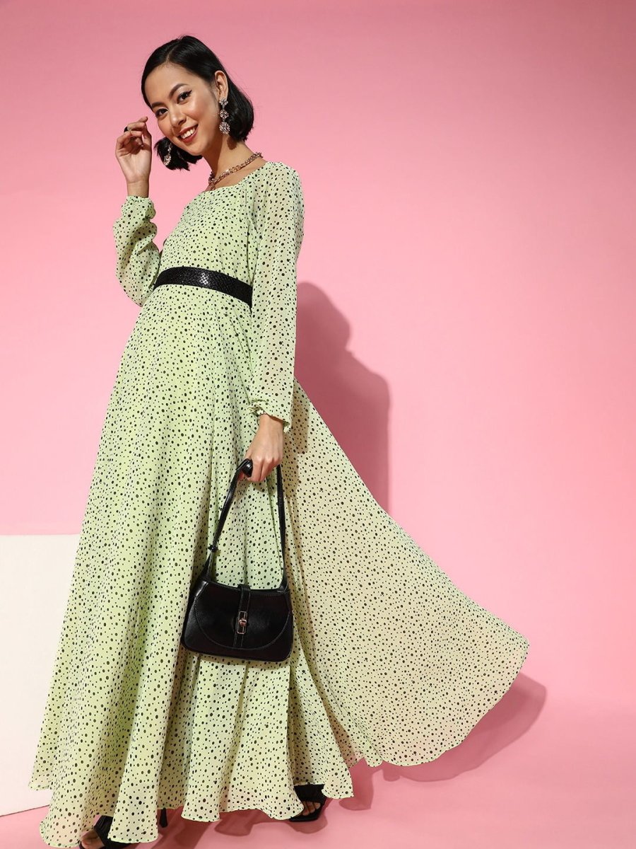 Sea Green Polka Printed Gown with Belt - Inddus.com