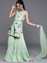 Sea Green Silk Blend Printed Sharara Suit - inddus-us