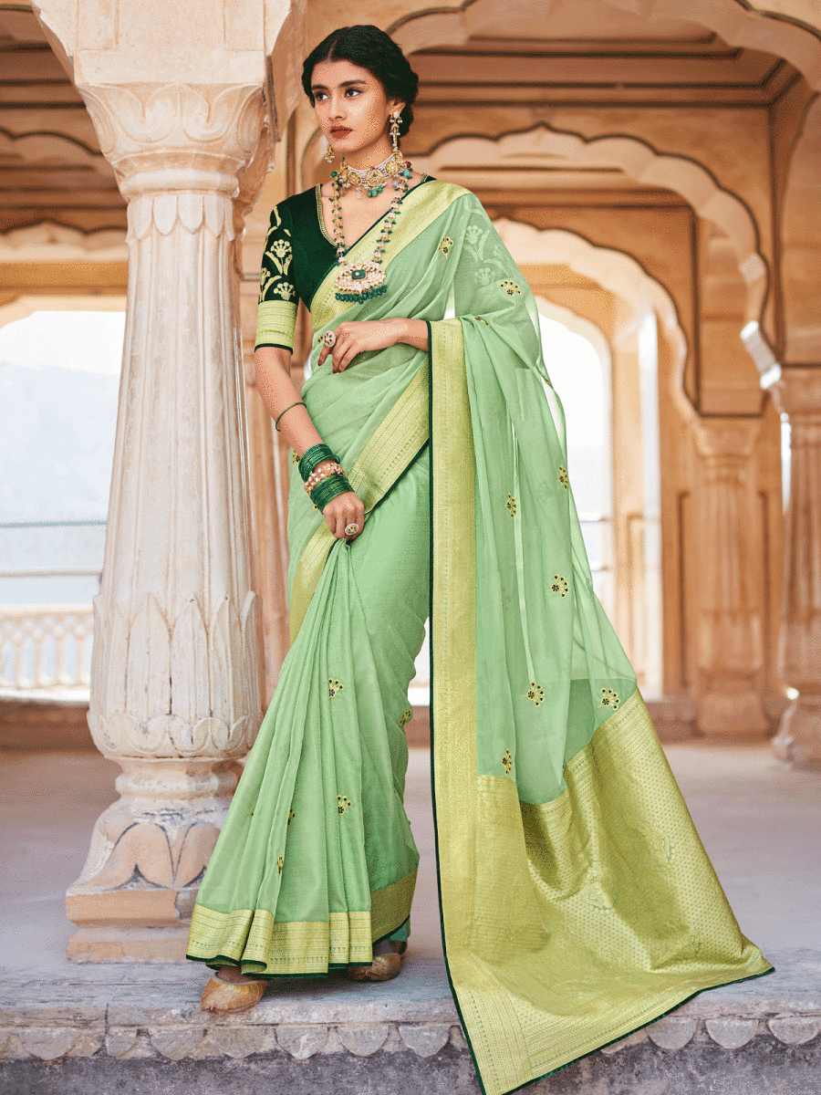Sea Green Silk Embellished Saree - Inddus.com