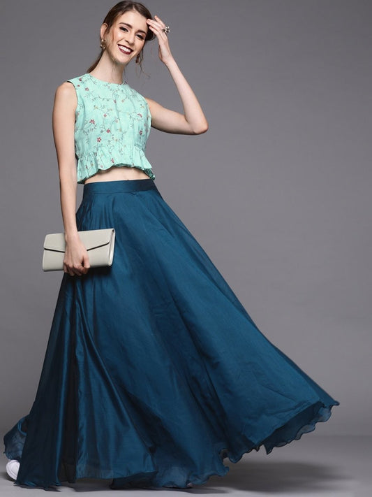 Sea Green & Teal Blue Chanderi Cotton Ready to Wear Lehenga with Blouse - inddus-us