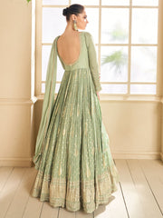 Sea Green Viscose Silk & Georgette Wedding Gown - Inddus.com