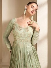 Sea Green Viscose Silk & Georgette Wedding Gown - Inddus.com