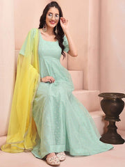 Sea Green & Yellow Colour Woven Design Square Neck Anarkali Kurta With Dupatta - Inddus.com