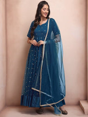 Sequin Embellished Fit & Flare Ethnic Dress With Dupatta - Inddus.com