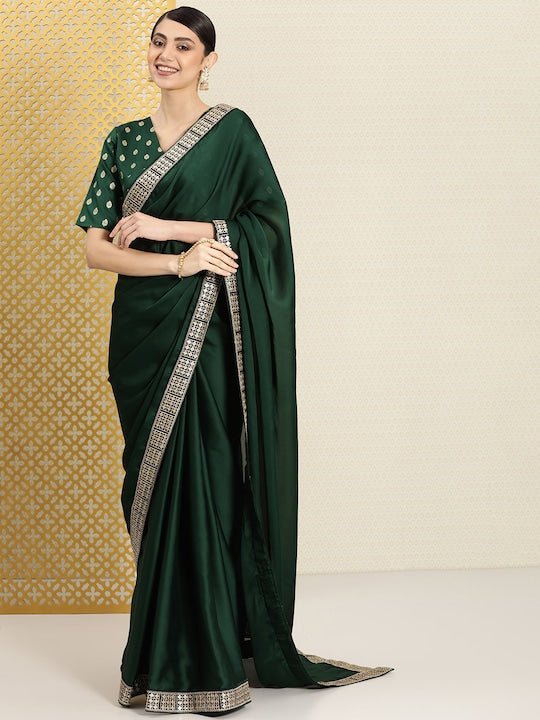 Sequinned Embroidered Satin Saree - Inddus.com