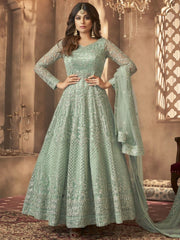 Shamita Shetty Style Sea Green Net Embroidered Anarkali Suit - inddus-us