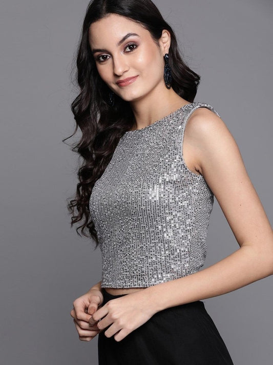 Silver Sequinned Striped Crop Top - inddus-us